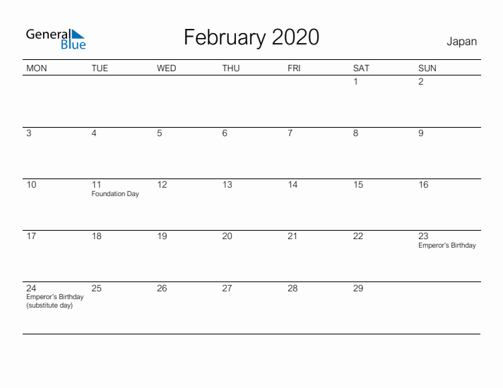 Printable February 2020 Calendar for Japan