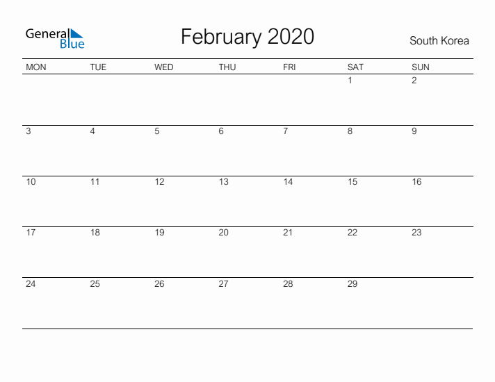 Printable February 2020 Calendar for South Korea
