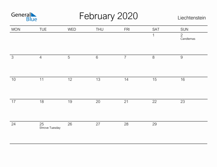 Printable February 2020 Calendar for Liechtenstein