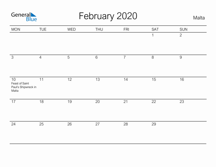 Printable February 2020 Calendar for Malta