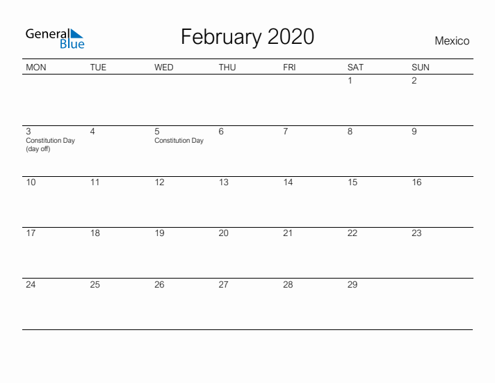 Printable February 2020 Calendar for Mexico