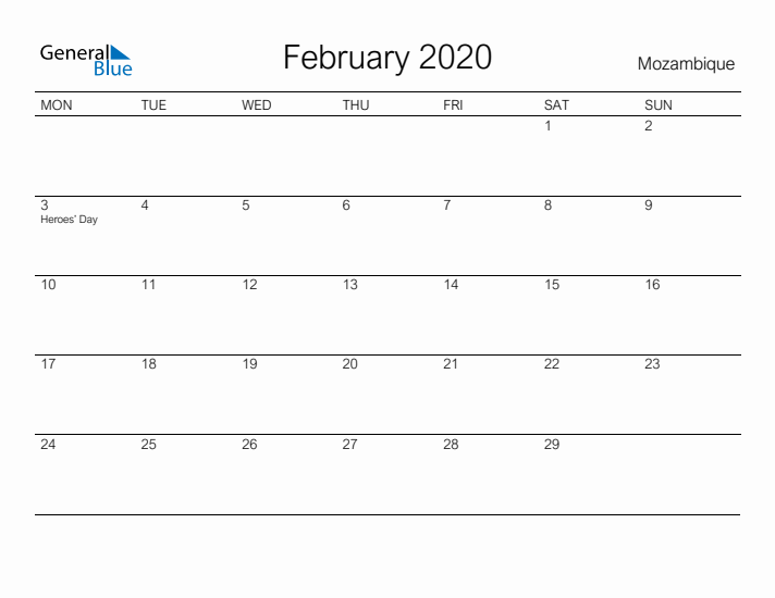 Printable February 2020 Calendar for Mozambique