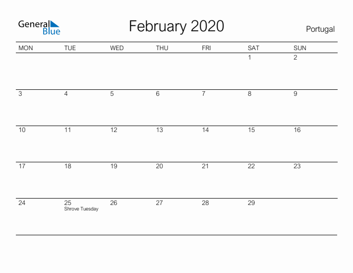 Printable February 2020 Calendar for Portugal