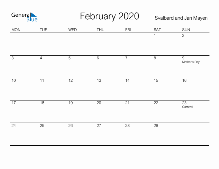 Printable February 2020 Calendar for Svalbard and Jan Mayen