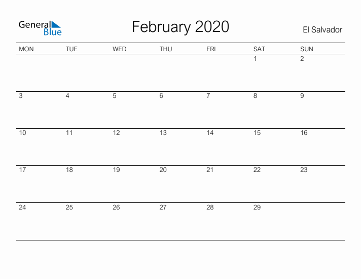 Printable February 2020 Calendar for El Salvador