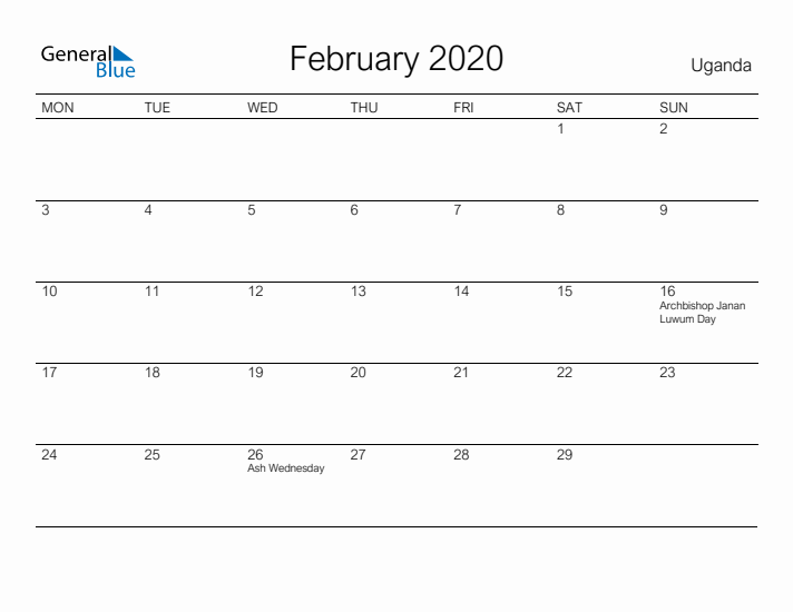 Printable February 2020 Calendar for Uganda