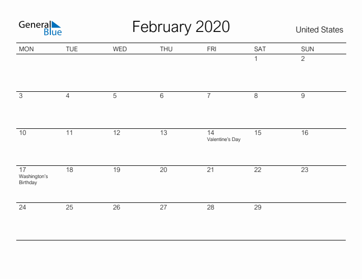 Printable February 2020 Calendar for United States