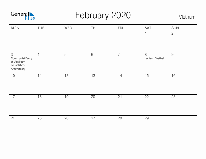 Printable February 2020 Calendar for Vietnam