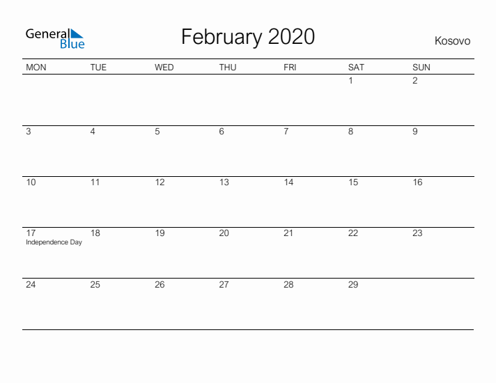 Printable February 2020 Calendar for Kosovo