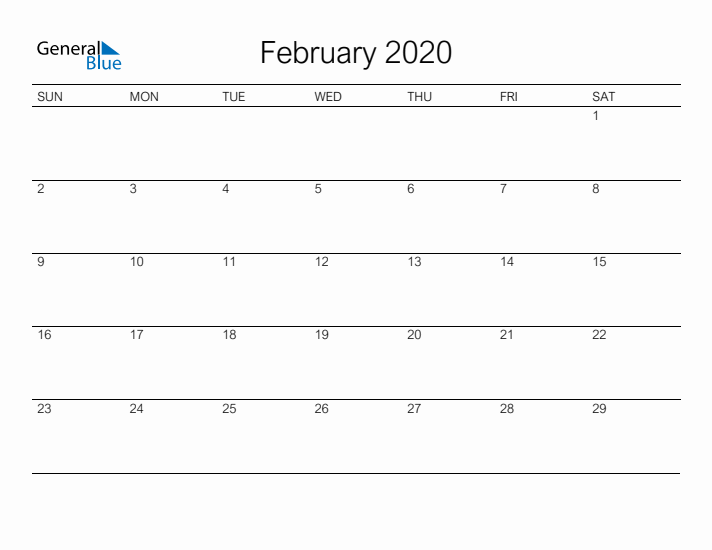 Printable February 2020 Calendar - Sunday Start