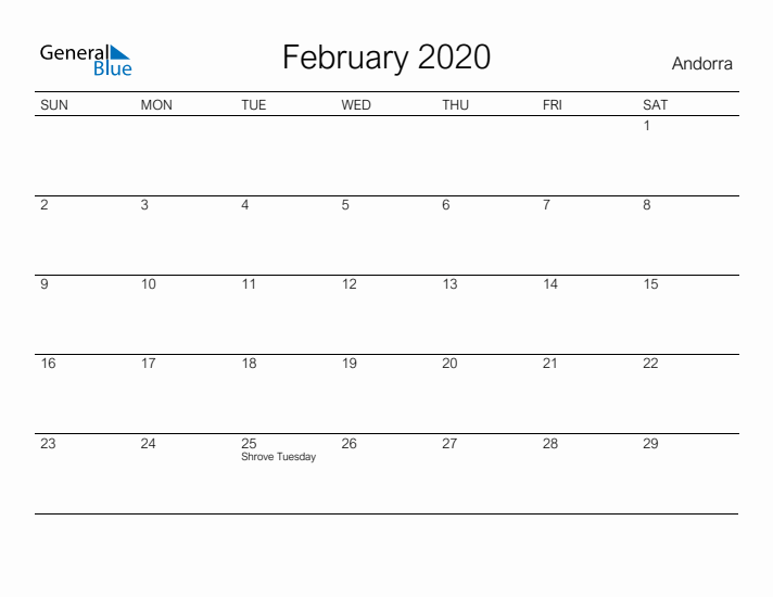 Printable February 2020 Calendar for Andorra