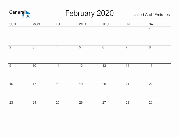 Printable February 2020 Calendar for United Arab Emirates