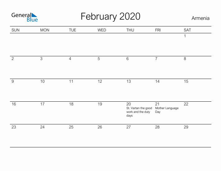 Printable February 2020 Calendar for Armenia