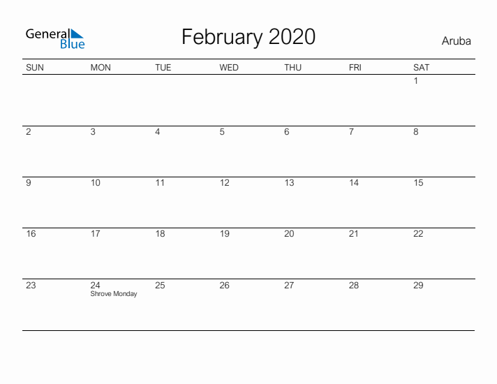 Printable February 2020 Calendar for Aruba