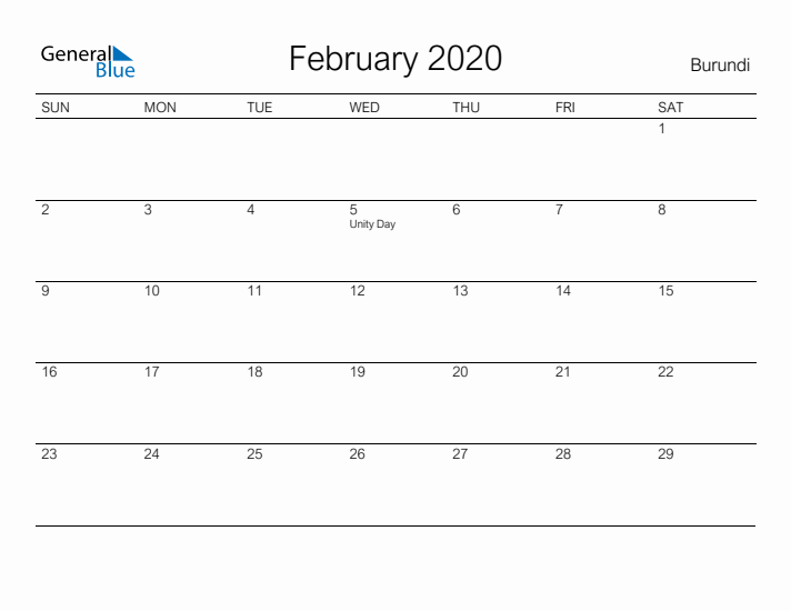 Printable February 2020 Calendar for Burundi
