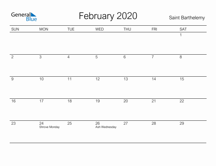 Printable February 2020 Calendar for Saint Barthelemy