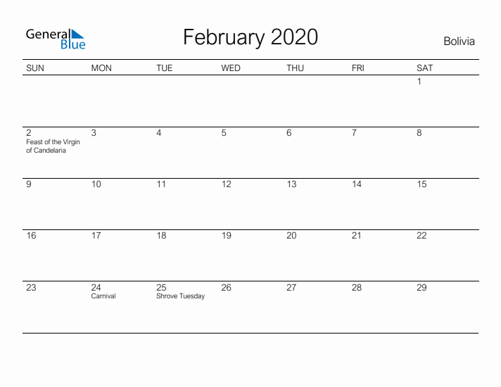 Printable February 2020 Calendar for Bolivia