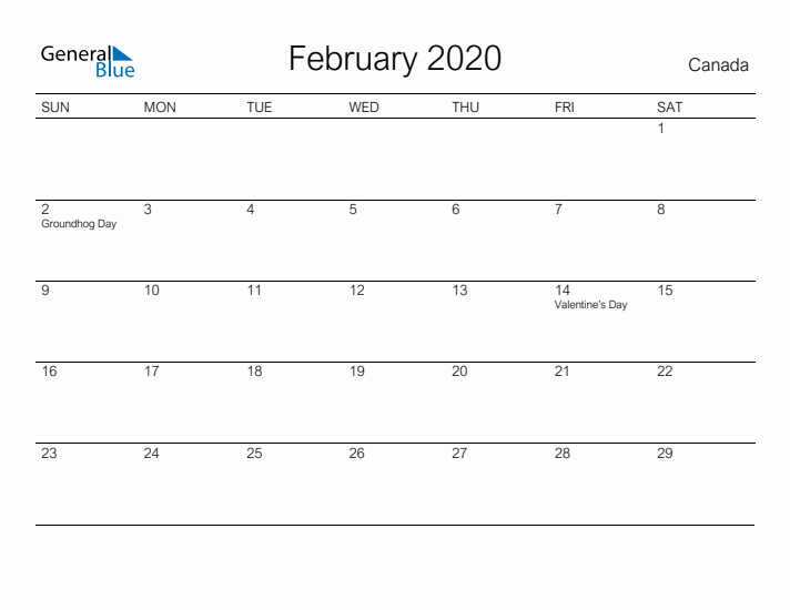 Printable February 2020 Calendar for Canada