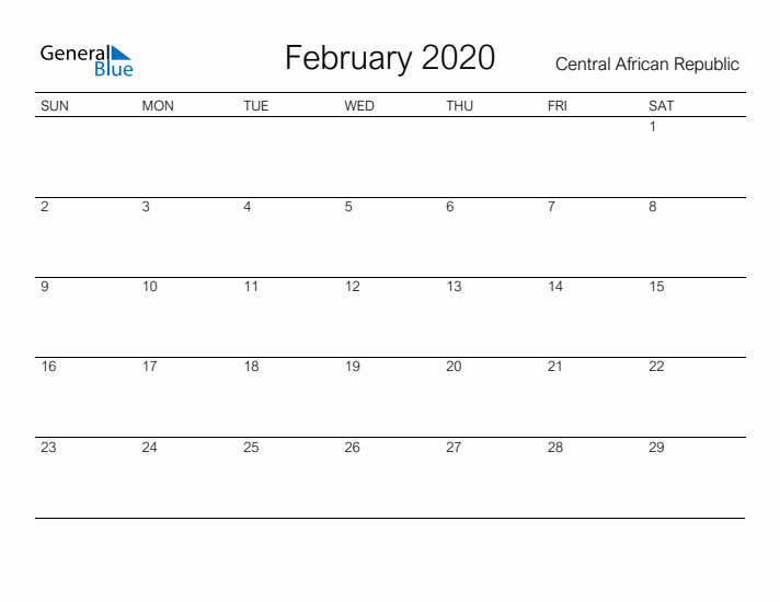 Printable February 2020 Calendar for Central African Republic