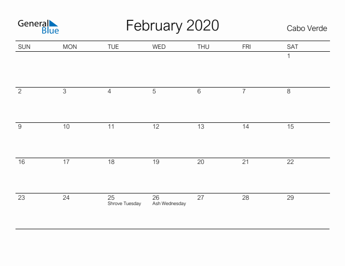 Printable February 2020 Calendar for Cabo Verde
