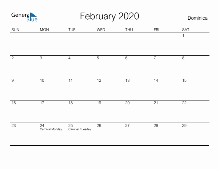 Printable February 2020 Calendar for Dominica