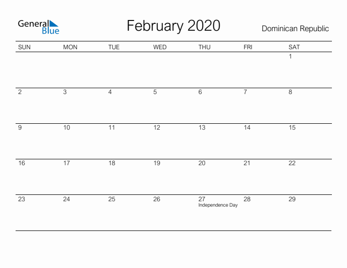 Printable February 2020 Calendar for Dominican Republic