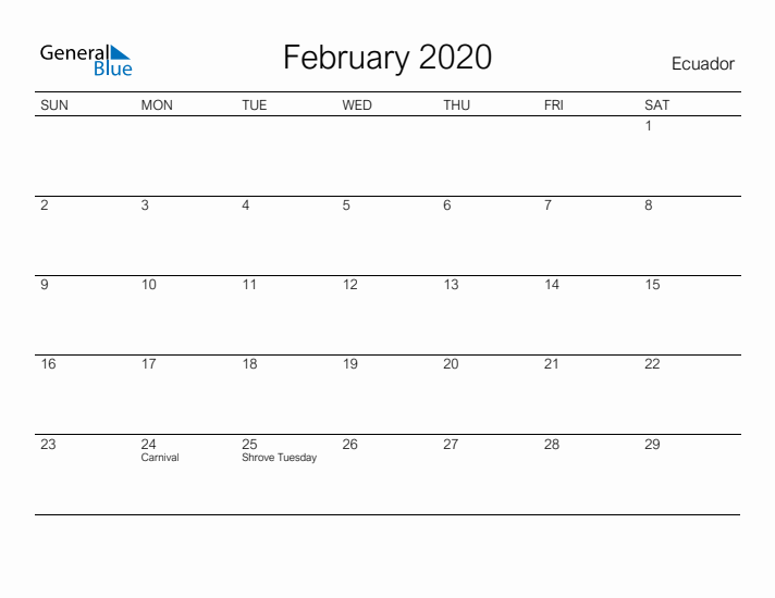 Printable February 2020 Calendar for Ecuador