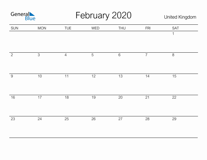 Printable February 2020 Calendar for United Kingdom