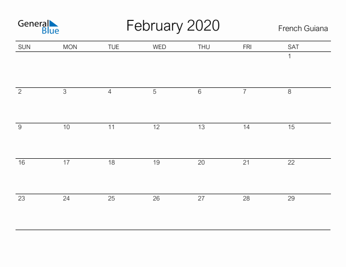 Printable February 2020 Calendar for French Guiana