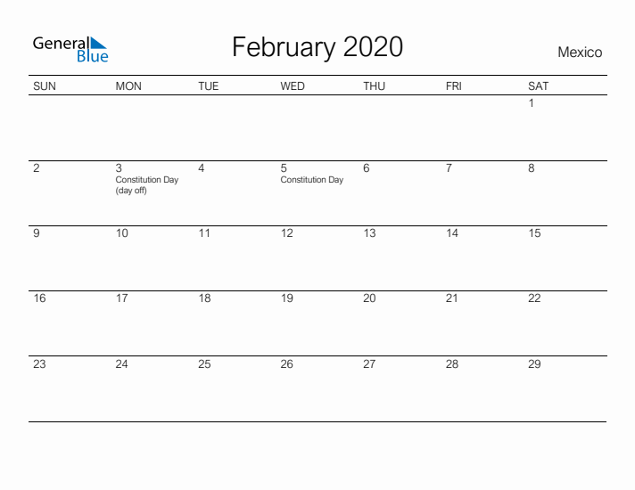 Printable February 2020 Calendar for Mexico