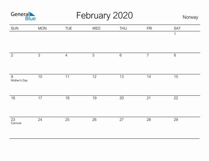 Printable February 2020 Calendar for Norway