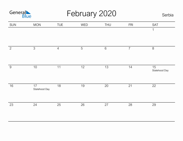 Printable February 2020 Calendar for Serbia