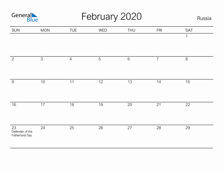 Printable February 2020 Calendar for Russia
