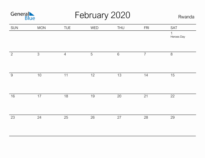 Printable February 2020 Calendar for Rwanda