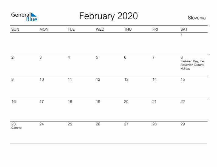 Printable February 2020 Calendar for Slovenia