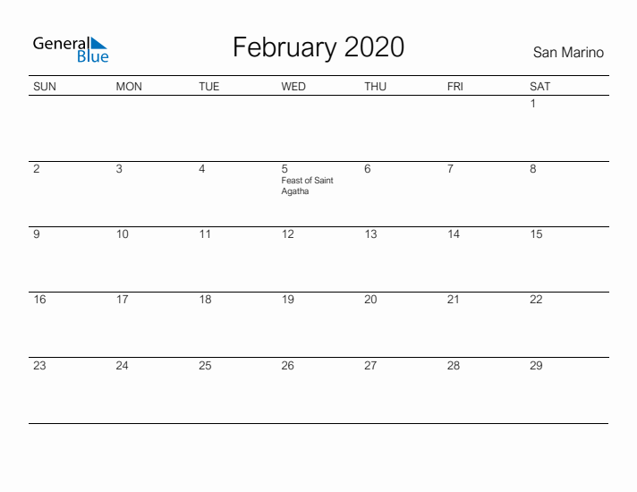 Printable February 2020 Calendar for San Marino