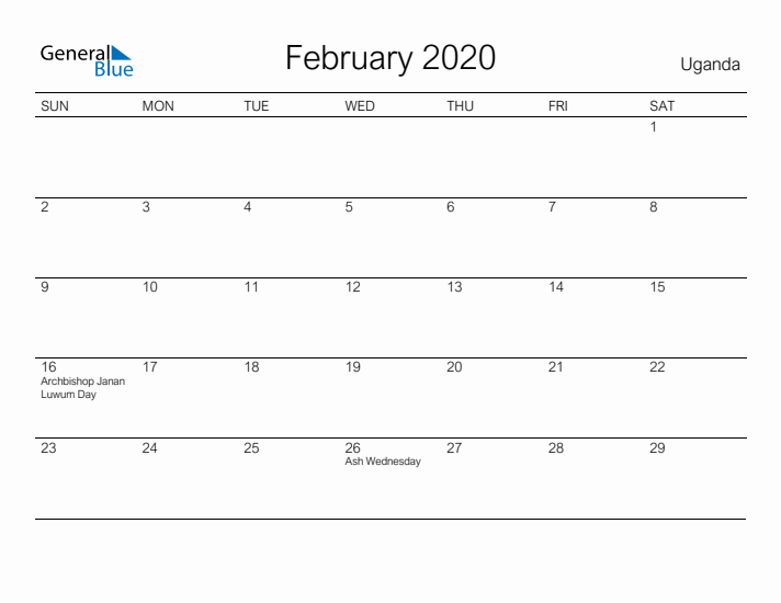 Printable February 2020 Calendar for Uganda