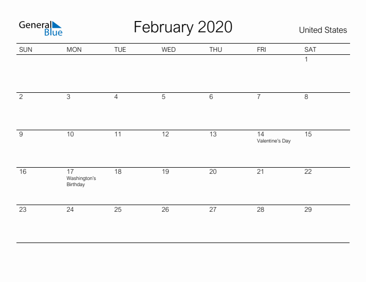 Printable February 2020 Calendar for United States