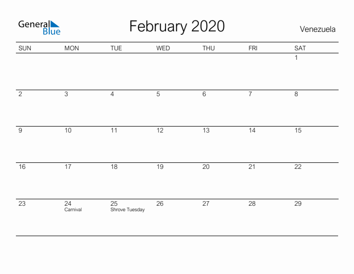 Printable February 2020 Calendar for Venezuela