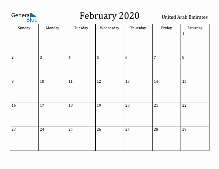 February 2020 Calendar United Arab Emirates