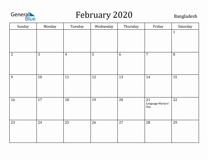 February 2020 Calendar Bangladesh