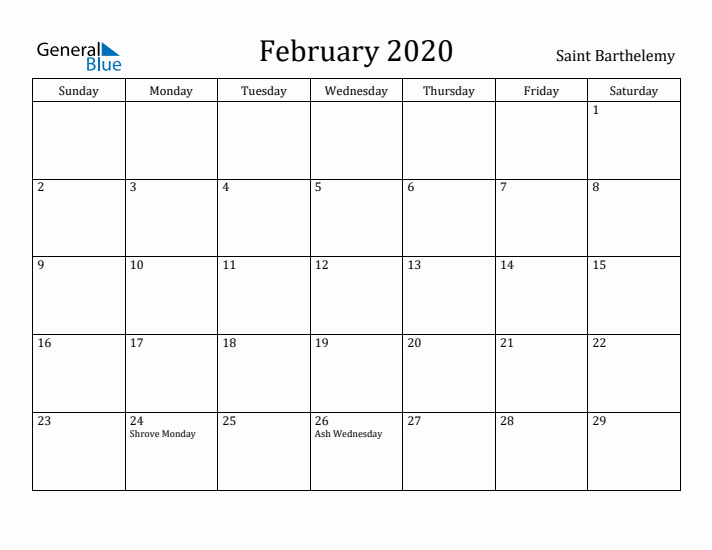 February 2020 Calendar Saint Barthelemy
