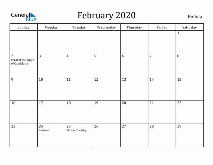 February 2020 Calendar Bolivia
