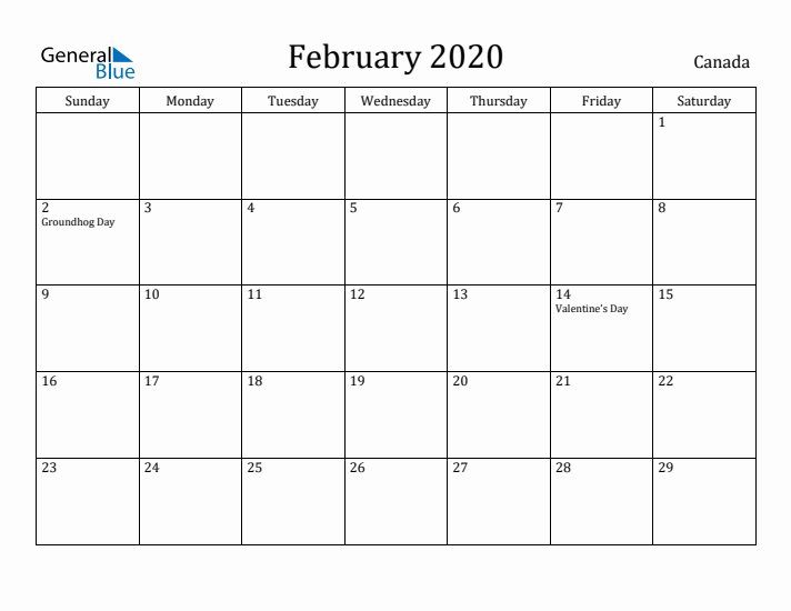 February 2020 Calendar Canada