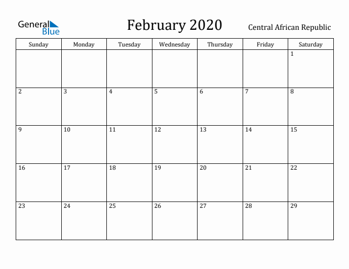 February 2020 Calendar Central African Republic