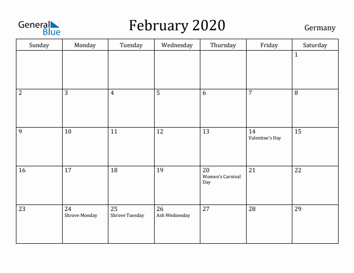 February 2020 Calendar Germany