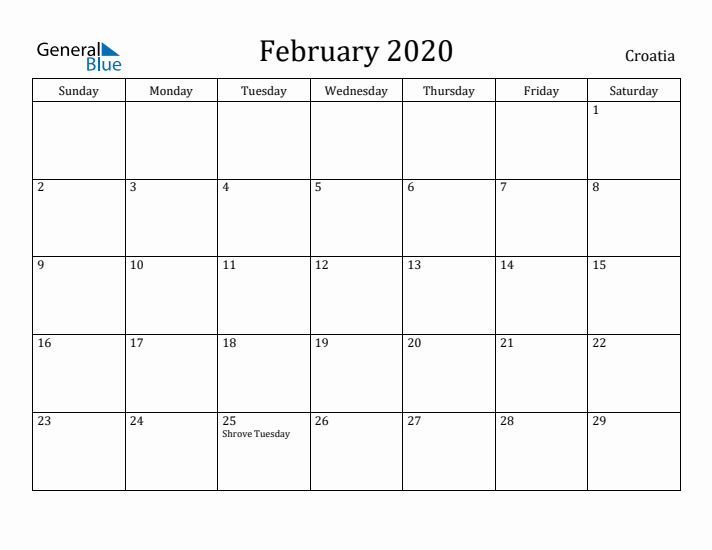 February 2020 Calendar Croatia