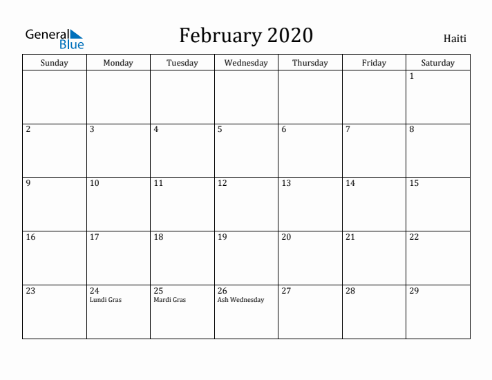 February 2020 Calendar Haiti