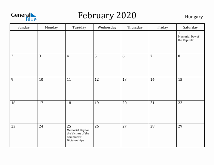 February 2020 Calendar Hungary