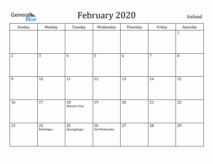 February 2020 Calendar Iceland